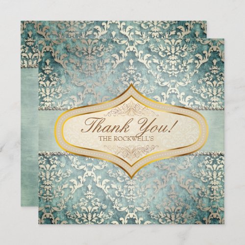 Sage Green Glimmer Damask Wedding Thank You Invitation