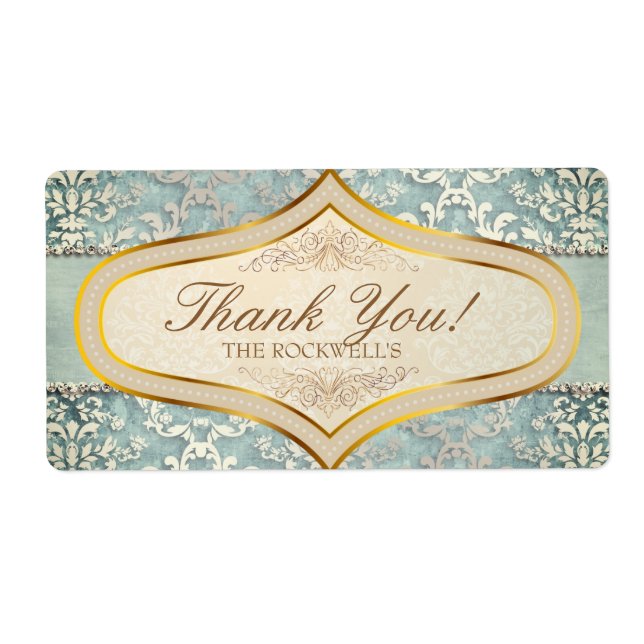 Sage Green Glimmer Damask Wedding Thank You Label (Front)