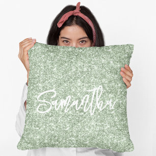 Sage Green Glitter Brush Script Throw Pillow