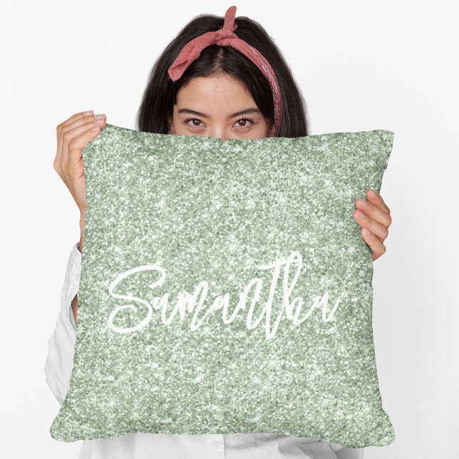 Sage Green Glitter Brush Script Throw Pillow (Creator Uploaded)