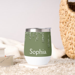 Sage Green Glitter Drip Custom Name Thermal Wine Tumbler