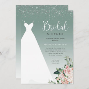 Sage Green Glitter Wedding Dress Bridal Shower Invitation