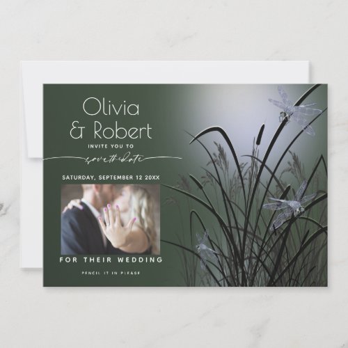 Sage Green Glow Save the Date  Moonlight Dragonfly Invitation