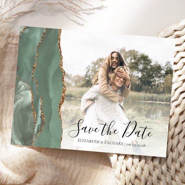 Sage Green Gold Agate Custom Photo Save the Date Postcard (Creator Uploaded)