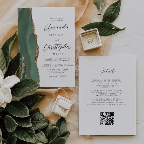 Sage Green Gold Agate QR Code Wedding Invitation