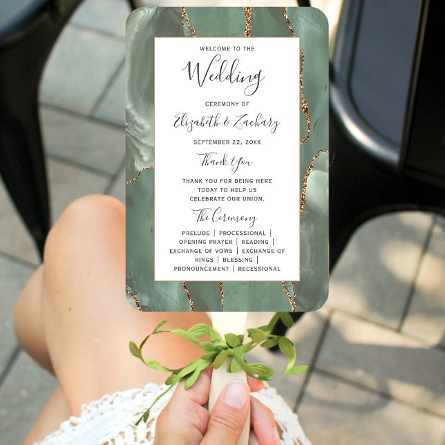 Sage Green Gold Agate Wedding Program Hand Fan (Creator Uploaded)