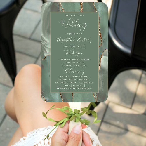 Sage Green Gold Agate Wedding Program Hand Fan