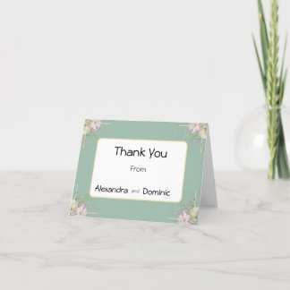 Sage green, gold and flower spray letterpress thank you card