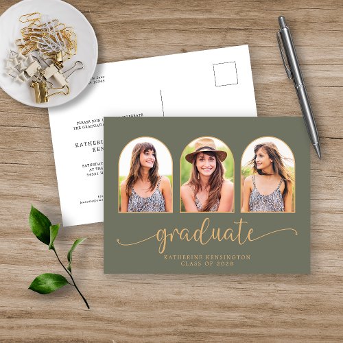 Sage Green Gold Arch 3 Photo Graduation Announcement Postcard