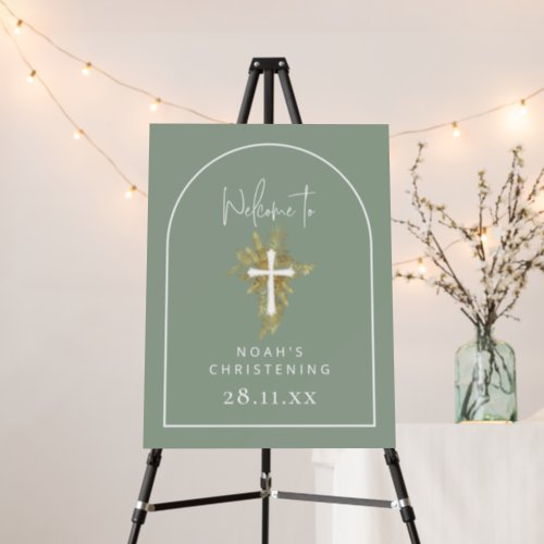 Sage Green  Gold Arch Christening Welcome Sign