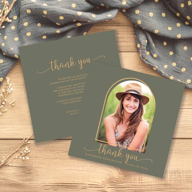 Sage Green Gold Arch Photo Graduation Thank You (Sage Green Gold Arch Photo Graduation Thank You Card)