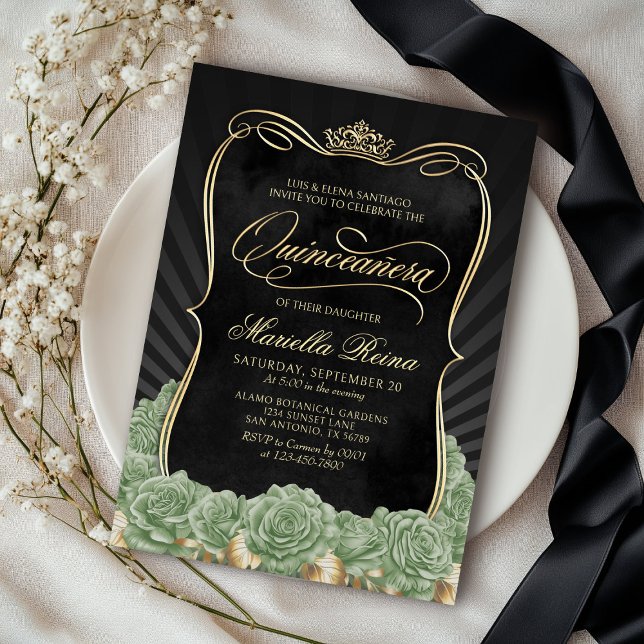 Sage Green Gold Black Quinceañera Invitation (Creator Uploaded)