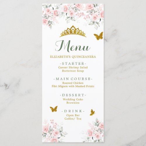 Sage Green Gold Blush Floral Butterfly Quinceaera Menu