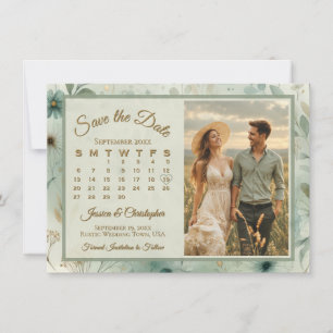 Sage Green & Gold Boho Calendar & Photo Wedding Save The Date