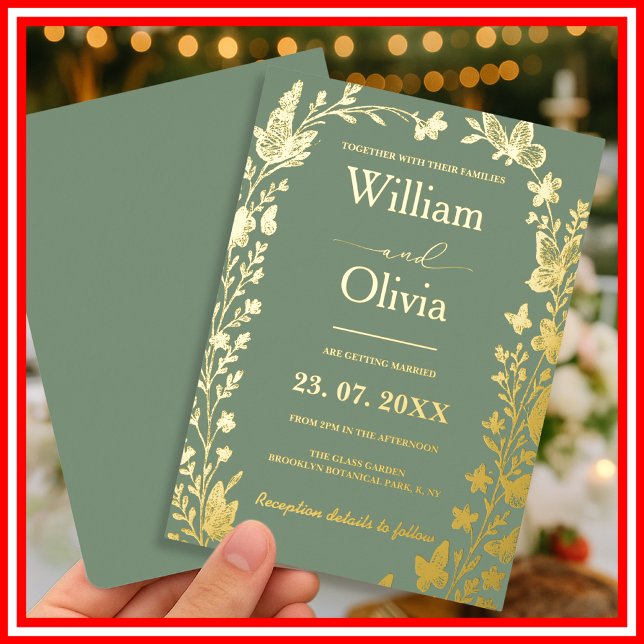 Sage Green Gold Boho Floral Photo Wedding Foil Inv Foil Invitation (Creator Uploaded)