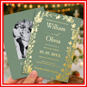 Sage Green Gold Boho Floral Photo Wedding Foil Inv Invitation