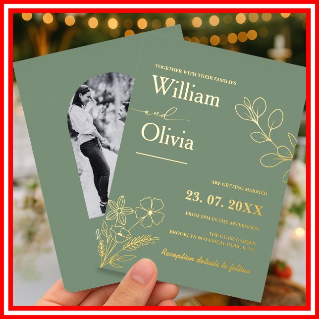 Sage Green Gold Boho Floral Photo Wedding Foil Invitation (Creator Uploaded)