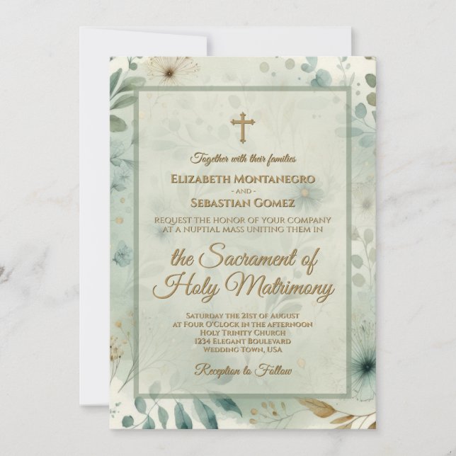 Sage Green & Gold Boho Medley Catholic Wedding Invitation (Front)