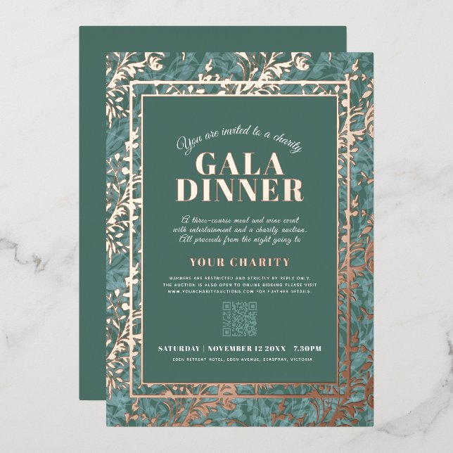 Sage green gold botanica pattern gala dinner event foil invitation (Front/Back)