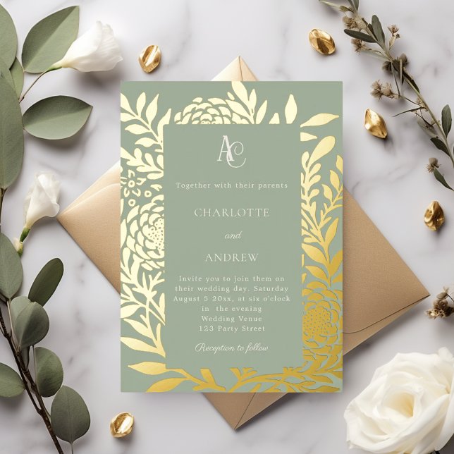 Sage green gold botanical monogram luxury wedding foil invitation (Creator Uploaded)
