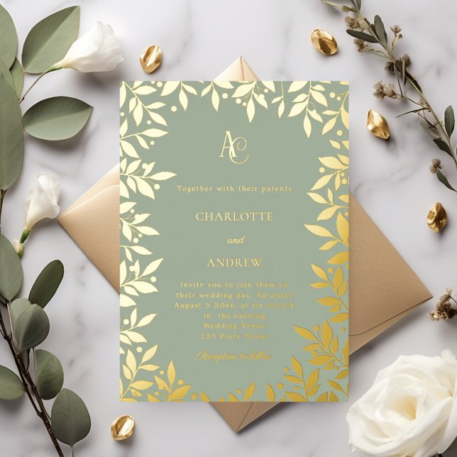 Sage green gold botanical monogram luxury wedding foil invitation (Creator Uploaded)