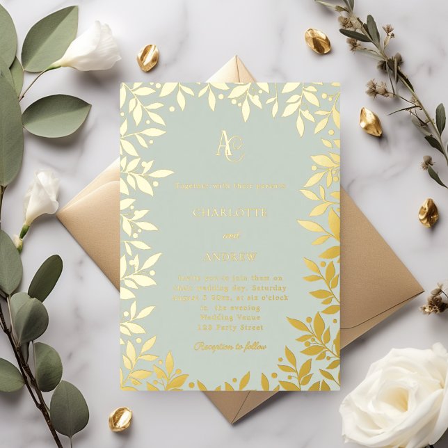 Sage green gold botanical monogram luxury wedding foil invitation (Creator Uploaded)