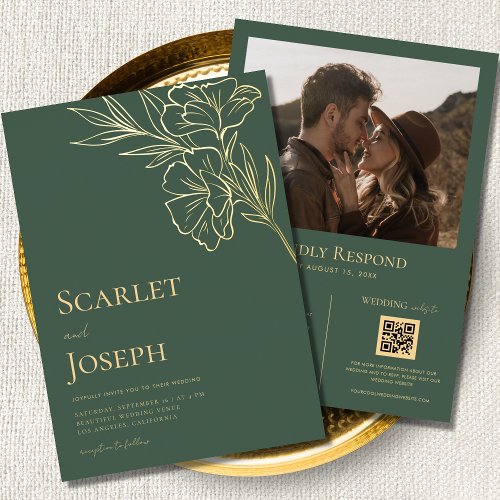 Sage Green Gold Botanical QR Code RSVP Wedding Foil Invitation