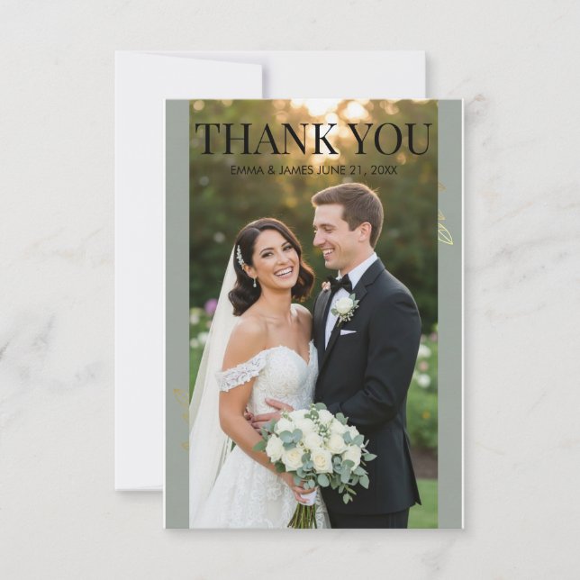 Sage Green Gold Botanical Wedding Thank You Card (Front)