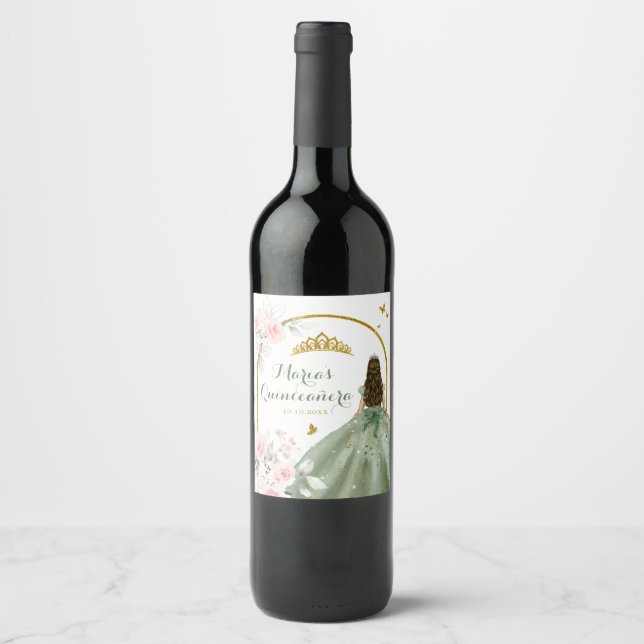 Sage Green Gold Butterfly Princess Quinceañera Wine Label (Front)