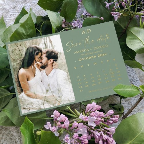Sage Green Gold Calendar Wedding Save the date Foil Invitation