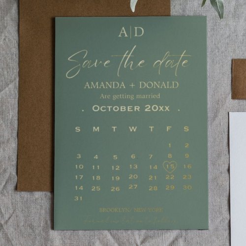 Sage Green Gold Calendar Wedding Save the date Foil Invitation