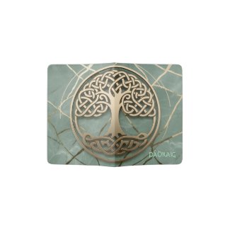 Sage Green Gold Celtic Tree of Life Crann Bethadh  Passport Holder