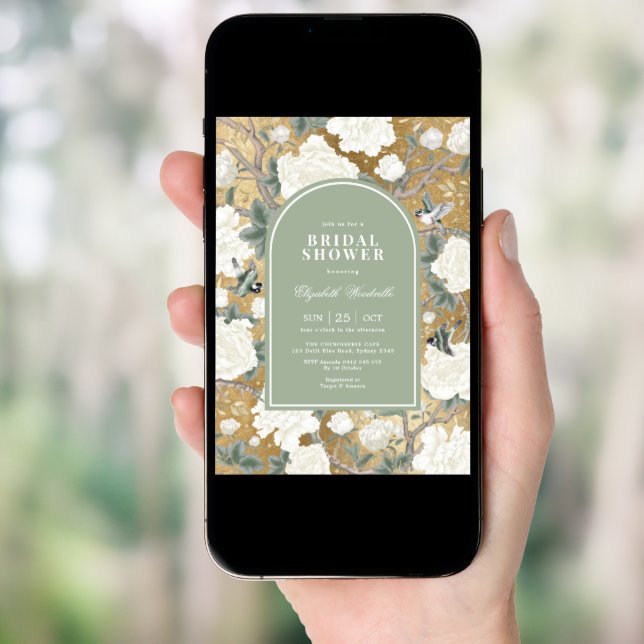 Sage Green Gold Chinoiserie Floral Bridal Shower Invitation (Front Digital)