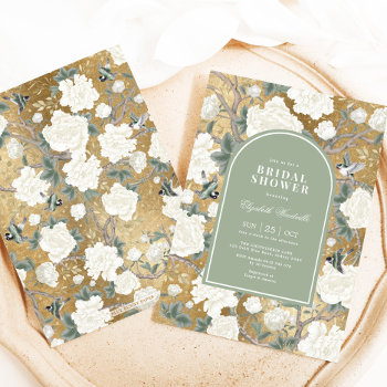 Sage Green Gold Chinoiserie Floral Bridal Shower Invitation by BlueBunnyStudio at Zazzle