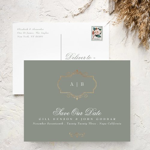 sage green gold crest monogram Foil Save The Date Announcement Postcard