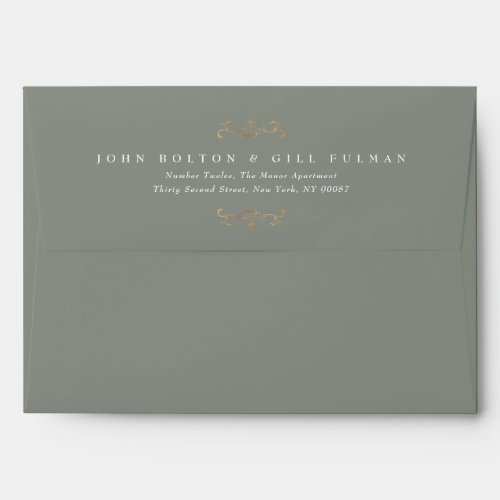 sage green gold crest return address wedding envelope