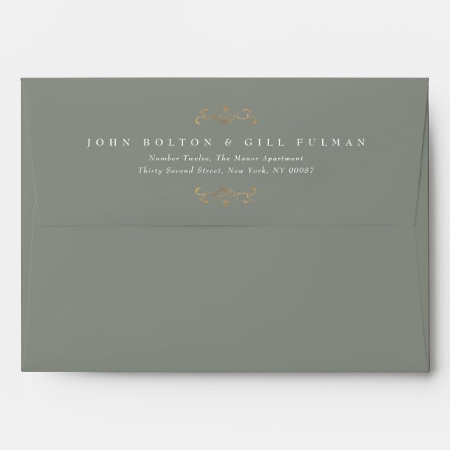 sage green gold crest return address wedding envelope (Back (Top Flap))
