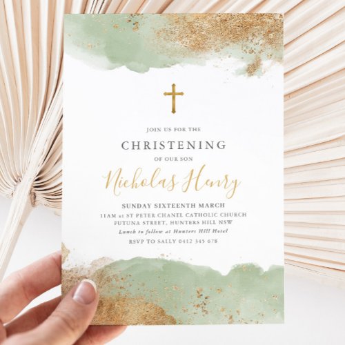 Sage Green Gold Cross Boys Baptism Christening   Invitation