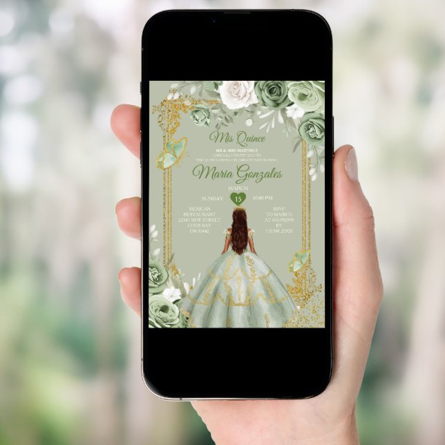 Sage Green Gold Crown Mis Quince 15 Anos Dresses Invitation (Front Digital)