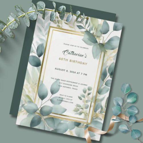 Sage Green Gold Elegant 60th Birthday Party Invite