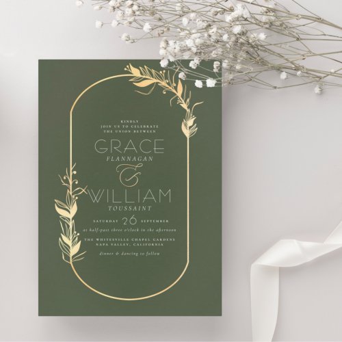Sage Green  Gold Elegant Botanical Frame Wedding Invitation