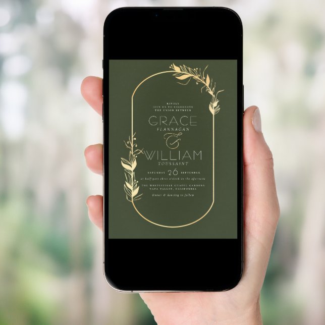 Sage Green & Gold Elegant Botanical Frame Wedding Invitation (Front Digital)