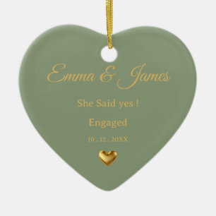 Sage Green Gold Engagement Heart Ornament
