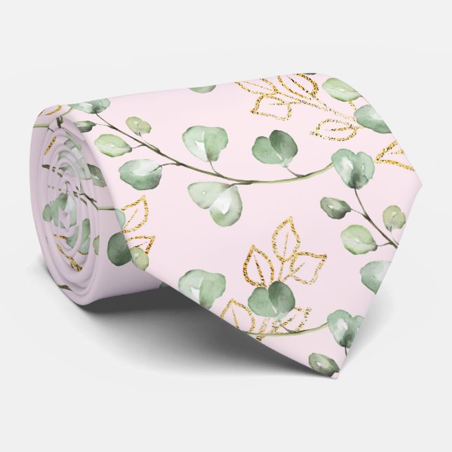 Sage Green & Gold Eucalyptus Blush Pink Wedding Neck Tie (Rolled)