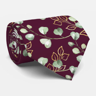 Sage Green & Gold Eucalyptus Burgundy Wedding Neck Tie