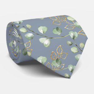 Sage Green & Gold Eucalyptus Dusty Gray Wedding Neck Tie
