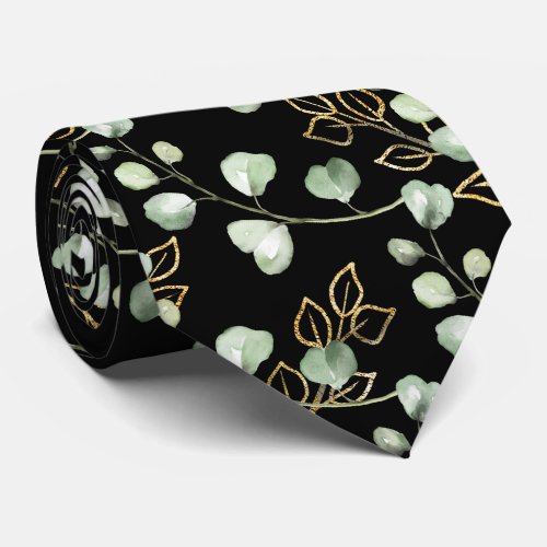 Sage Green  Gold Eucalyptus Elegant Black Wedding Neck Tie
