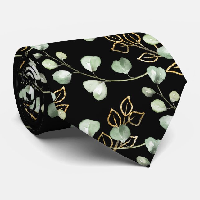 Sage Green & Gold Eucalyptus Elegant Black Wedding Neck Tie (Rolled)
