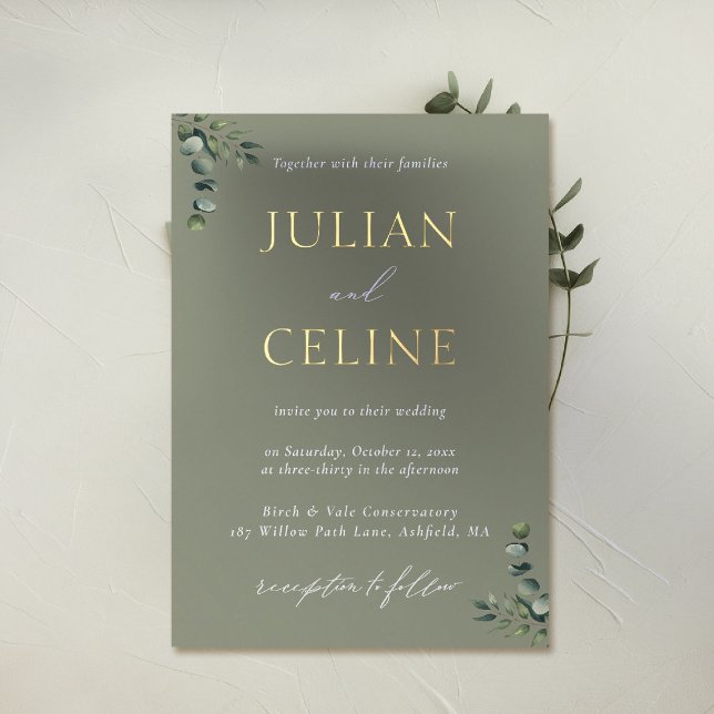 Sage Green Gold Eucalyptus Greenery Gold Wedding Foil Invitation (sage green wedding invitation gold foil eucalyptus greenery modern classic simple clean elegant)