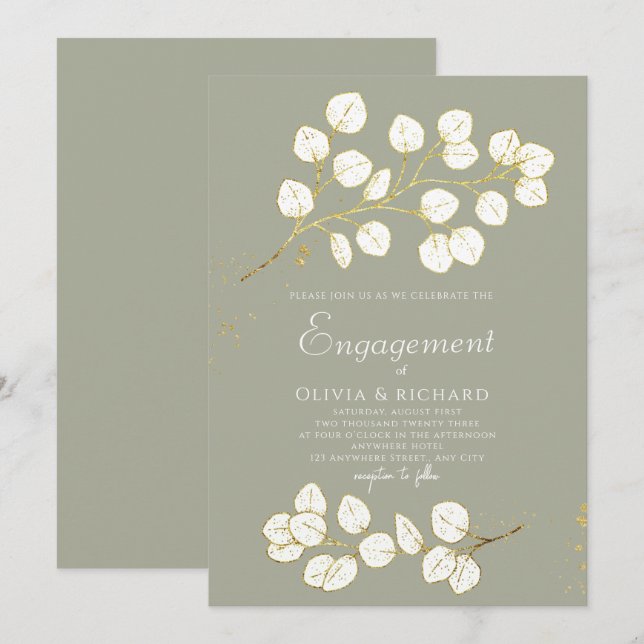 Sage Green Gold Eucalyptus Leaves Engagement Party Invitation (Front/Back)